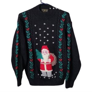SOUTHWOOL x VTG Santa Christmas holiday cable knit wool sweater holly black S